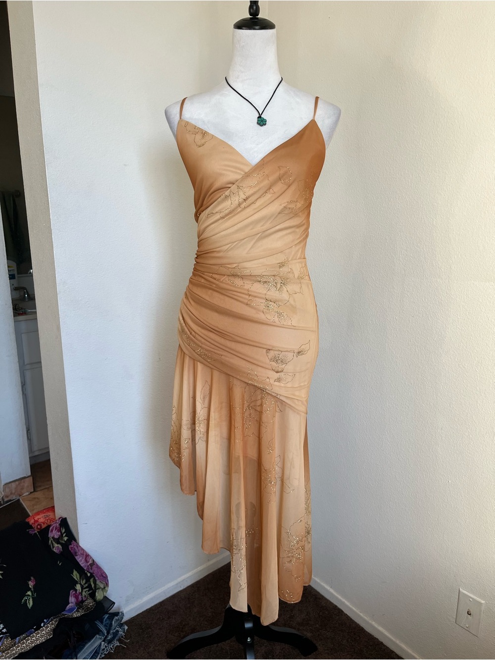 Y2K Champagne Satin Spaghetti-Strap Asymmetrical Dress